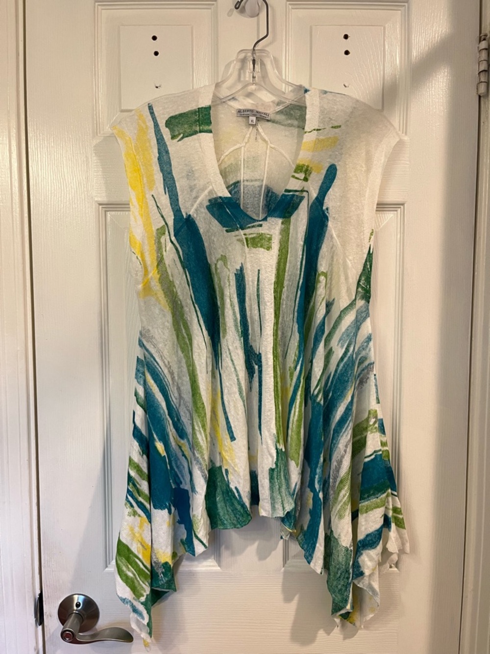 Alberto Makali White Tunic Teal, Green Yellow Print FAIRYCORE XL